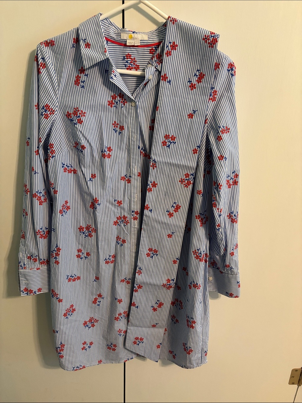 Boden Blue Striped Button-Down Shirt with Red Floral Print